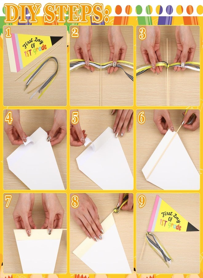 Gilprop 10 Pcs First Day of School Flag DIY 2025 Back to School Pennant First Day of Preschool Sign with Ribbons Make Your Own Photo Prop for School Classroom Decoration, Yellow - Image 4